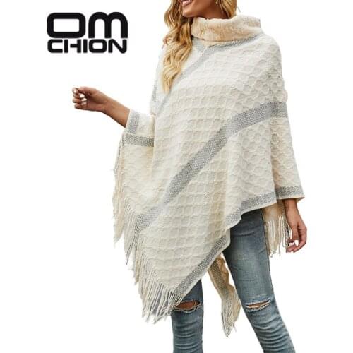 OMCHION Pull Femme 2021 Korean Winter New Ful Collar Shawl Cloak Womens Tassel Batwing Sleeve Sweater Coat Oversized Ponchos