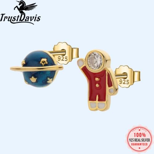 Trustdavis 925 Sterling Silver Cute Tiny Asymmetric Planet Astronauts Stud Earrings For Women Fine Sterling Silver Jewelry DA892
