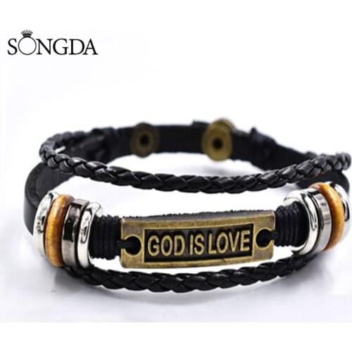 Vintage GOD IS LOVE Multilayer Beaded Leather Bracelets for Men and Women I LOVE JESU Braided Bracelet Couple Teen Jewelry Gifts