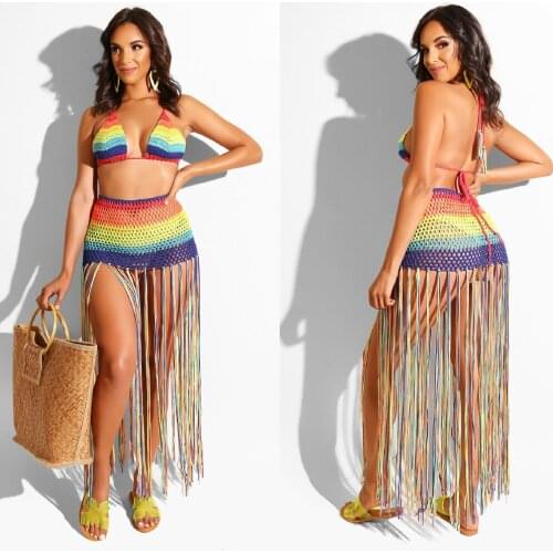 Handmade Crochet Beach Dress Cover Up Rainbow Tassel Sexy 2 Piece Set Crop Top and Skirt Beach Party Club Outfits for Women