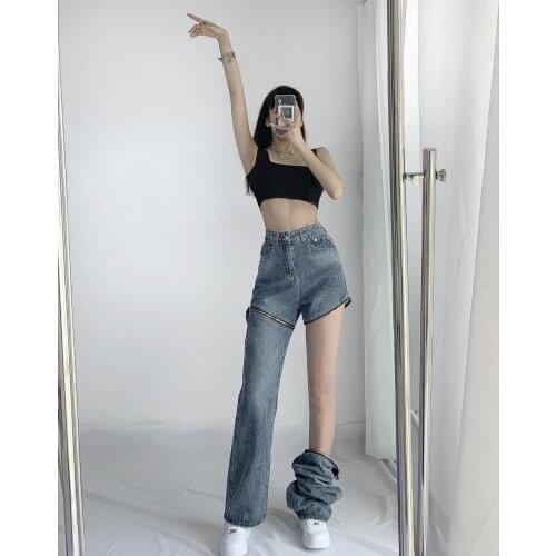 American Straight Leg Jeans Women Hot Girl High Waist Loose Drape Wide Leg Pants Streetwear Design Denim Trousers
