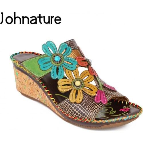 Johnature Summer Shoes Women Slippers Mixed Colors Genuine Leather Outside Slides 2021 New Leisure Handmade Ladies Slippers