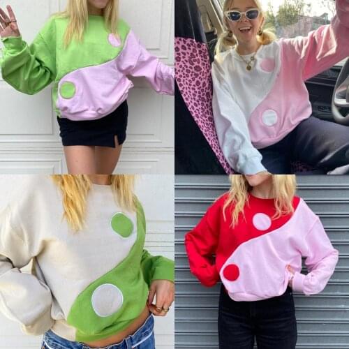 Women’s Yin and Yang Sweatshirts, Long Sleeve Round Neck Color Block Oversized Pullovers