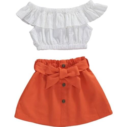 1-6Y Summer Infant Baby Girls Clothes Sets Ruffles Sleeve White T Shirts Tops Button A-Line Skirts