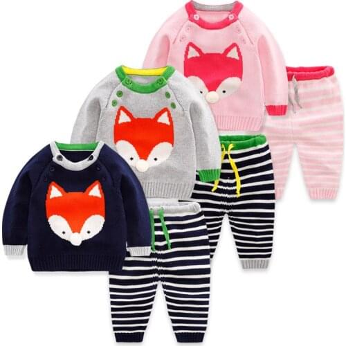 Winter Spring Baby Clothes Sets Newborn Boys Girls Warm Knitted Sweater Suit Infant Cartoon Fox Cat Patten For 0-24M Baby CL2076