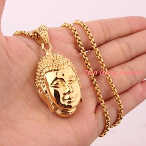 1.41"*0.94" 28g 316L Stainless Steel Yellow Gold Buddha Head Biker Jewelry Mens Womens Pendant Necklace 23.6" Popular Xmas Gift