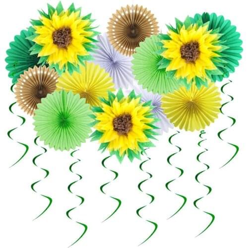 12pc Summer Party Decorations Sunflower Pom Poms Hanging Swirls Paper Fans Tropical Hawaiian Luau Sunshine Birthday Shower