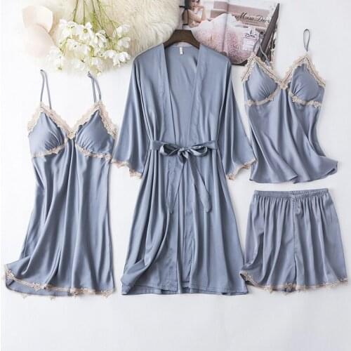 4pcs Satin Robe Gown Sets Womens Lace Sleepwear Sleep Suit Spring Nighty Bathrobe Kimono Nightgown Home Wear Intimate Lingerie
