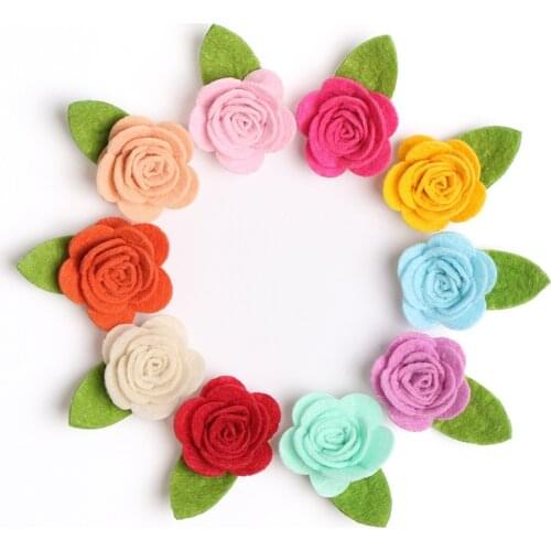 40 pcs/lot, Mini Felt Rose Flower Hair Clips, Felt Flower Green Leaf Snap Clips, Girls Hair Accessory