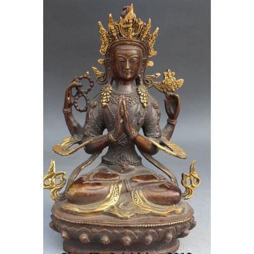 7" Old Tibet Buddhism Bronze Gilt 4 Arms Chenrezig Buddha Avalokiteshvara Statue