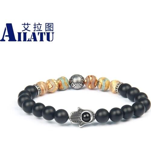 Ailatu New Stainless Steel Fatima Hand Hamsa Bracelet with Natural Matte Onyx & Wave Dzi Eye Stone Beads Top Quality