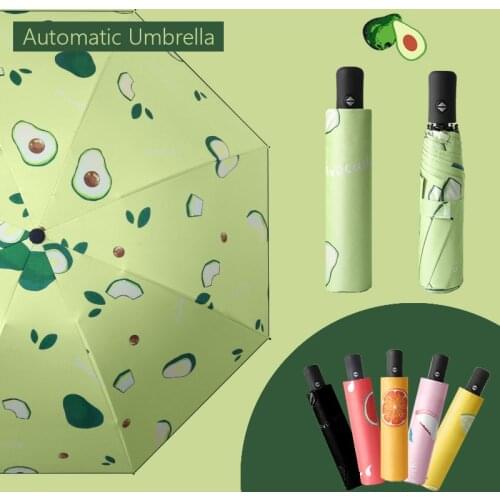 INS Automatic Umbrella Womens Bumbershoot Rainproof Anti-UV Fruits Avocado Solid Color Simplicity Mini Umbrella Male Female
