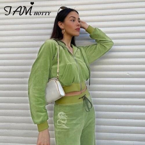 Velvet Green Cropped Jacket Women Zip Up Hooded Sweatshirts Casual Long Sleeve Tops Autumn Cardigan Female Short Coat Iamhotty