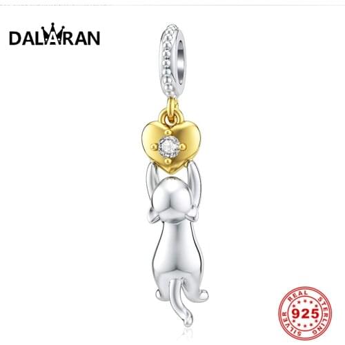 DALARAN Silver Charm Fit Original Bracelet Beads 925 Sterling Silver Dangle Charms Heart CZ Cat Bead Women Jewelry