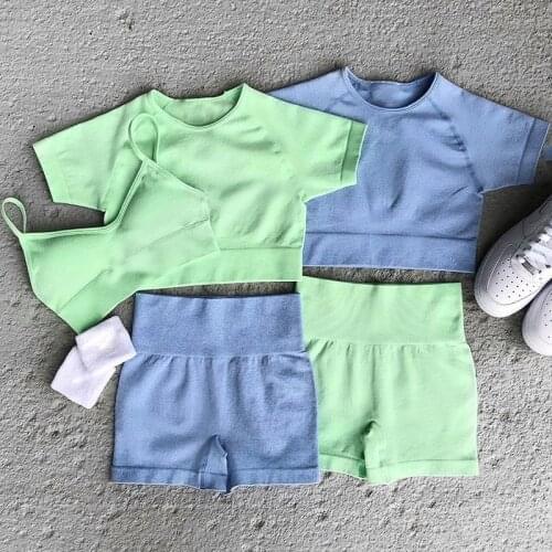 Seamless Summer Shorts Set Womens Tracksuit Fitness Yoga Sets Gym Sport Bra High Waist Yoga Leggings Tights Crop Top Suit