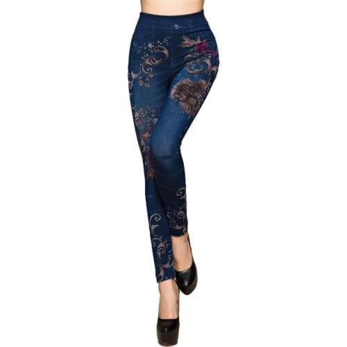 Fashion Slim Women Leggings Faux Denim Jeans Leggings Sexy Long Floral Printing Casual Faux Denim Leggings Pencil Pants Fleece