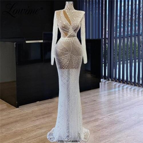 Lowime Illusion Lace Evening Dresses 2021 Cut-Out Design Arabic Mermaid Party Gowns For Wedding Beading Prom Dresses Custom Made