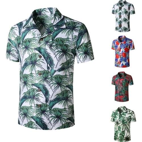 Mens Shirt Short Sleeve Turn Down Collar Cardigan Shirt With Print Casual Loose Beach Hawaiian Type Single-Breasted Tops