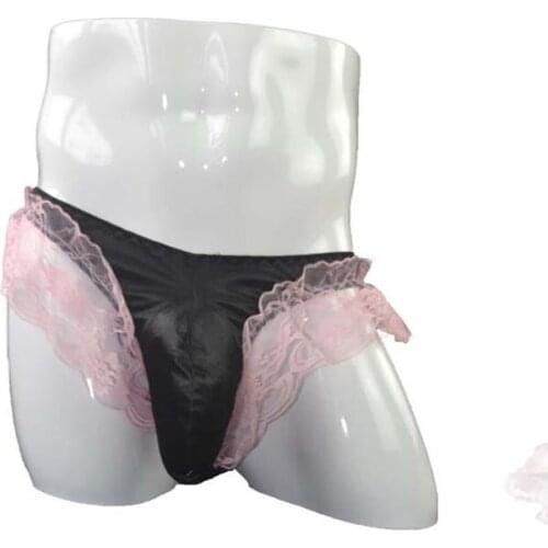 Sissy Men Satin Bulge Pouch Panties with Ruffled Lace Sexy Underwear Transformation T-Back Gay Lingerie Outift