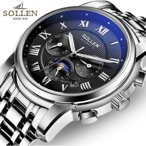 SOLLEN Men Automatic Mechanical Watch 2019 Fashion Luxury Waterproof Time Calendar Brand Casual Business Luminous Sports Watches