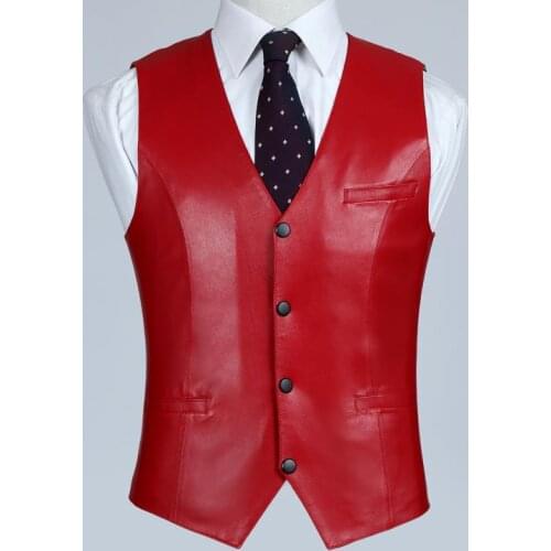 Red Genuine Mens Vest 100% Lambskin Leather Jacket Slim Fit Sheepskin Waistcoat Business Coat High Qulity