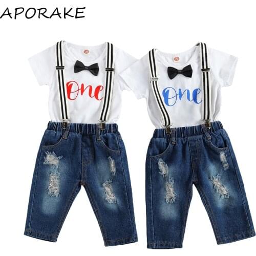 2021 0-18M Newborn Baby Boy Formal Clothing ONE Letter Print Bow Short Sleeve Romper+Belt Denim Long Pants Gentleman 2pcs Set