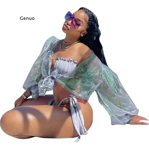 Sexy Beachwear Sun Protection Cover Ups Puff Sleeve Bandage Crop Top Summer Swimwear Outfits for Women Loose Club Tops