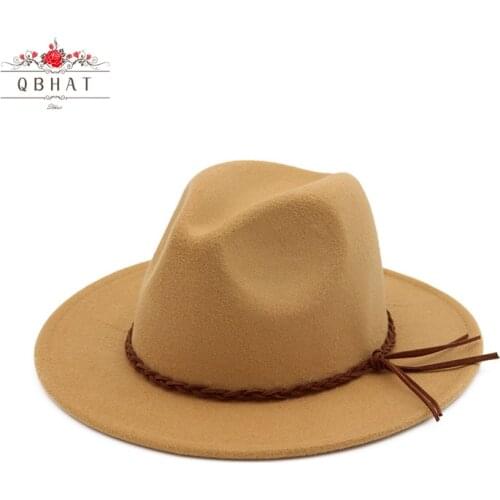 QBHAT Autumn Winter British Style Wool Felt Fedora Jazz Hats with Woven Band Men Women Flat Brim Panama Trilby Formal Hat QB52
