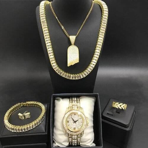 Luxury Men Gold Color Watch & Necakcle & Braclete & Ring & Earrings Combo Set Ice Out Cuban In Crystal Neckalce Hip Hop For Men