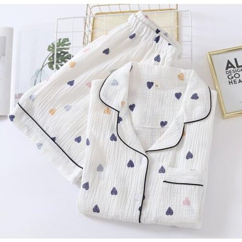 Japanese Summer New Ladies Cotton Gauze Short Sleeve Shorts Pajamas Suit Cute Heart-Shaped Thin Section Home Service Suit Woman