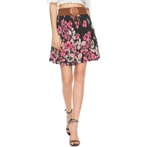 Womens Mini Skirt Elastic Waist Ruffles Floral Print Casual Boho Short Skirts