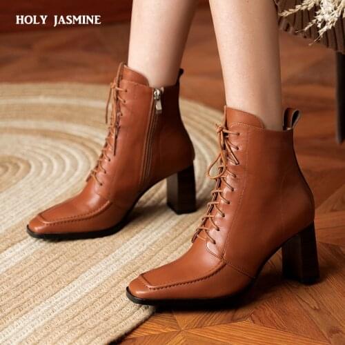 Top Quality Women Boots High Heels for Women Genuine Leather Cross Tied Ankle Boots Night Club Female Pumps Lace-up Womens Shoes