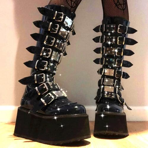 Brand Halloween Gift Large Size 34-48 Black Gothic Style Cool Punk Calf Motorcycle Boots Comfy Flat Platform Heels Woman Shoes