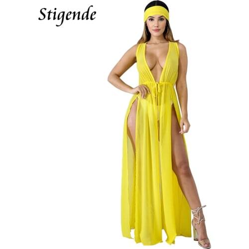 Stigende Womens Summer High Split Chiffon Long Dress Beach Wear Deep V Neck See Through Party Dress Transparent Mesh Maxi Dress