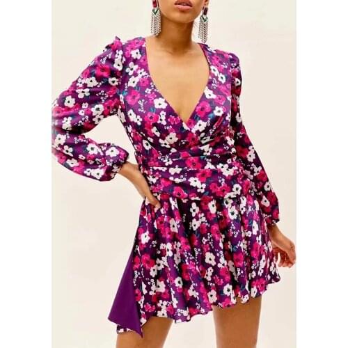 Khalee Yose Floral Printed Mini Dress Boho Vintage Autumn Long Sleeve Dresses Women V-neck Backless Ruffles Sexy Ladies Dress