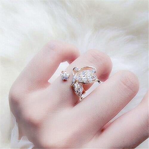 2021 New Arrival 14K Real Plated Flower Adjustable Rings For Women Zircon Butterfly Wedding Rings
