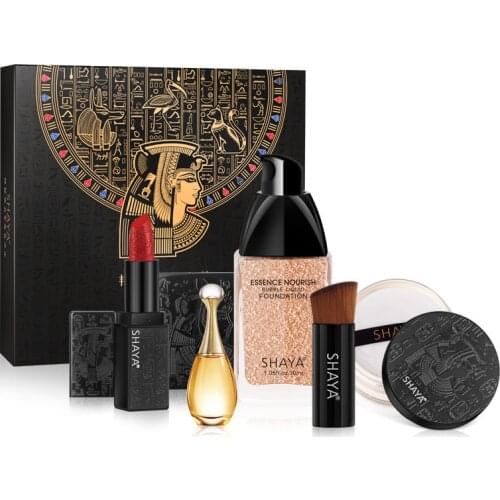 5Pcs/set Egypt Cosmetic Makeup Kit Sexy Red Lipstick Silkly Soft Loose Powder Charming Perfume Beauty Make Up Set Women Gift