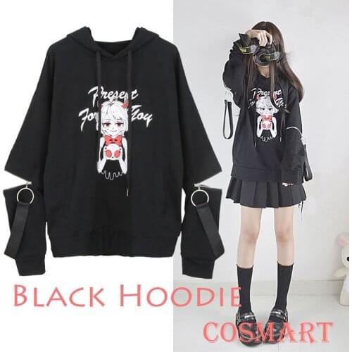 Black Cotton Fleece Hoodie Tied Long Sleeve Pullover Cosplay Costume Winter Coat NEW In Stock