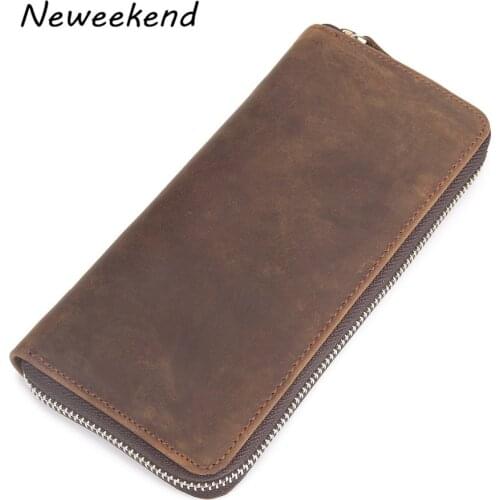 Long Wallet Men Genuine Leather Crazy Horse Male Protable Zipper Cash Photo Card Phone Coin Purse Holder Slim for Man Gift