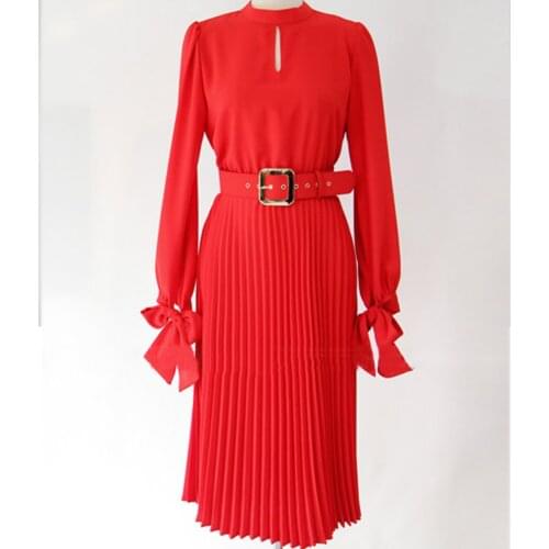 BacklakeGirls Elegant Red Color Rolund Neck Long Sleeve Cocktail Dress High Quality Pleated Party Dresses 100% Real Pictures