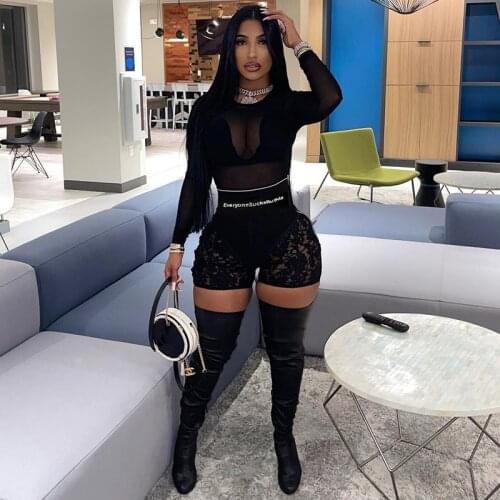 Hirigin High Waist Letter Print Skinny Lace Mini Shorts Zipper Sexy Summer 2021 Women Outfits Hollow Out Black Shorts