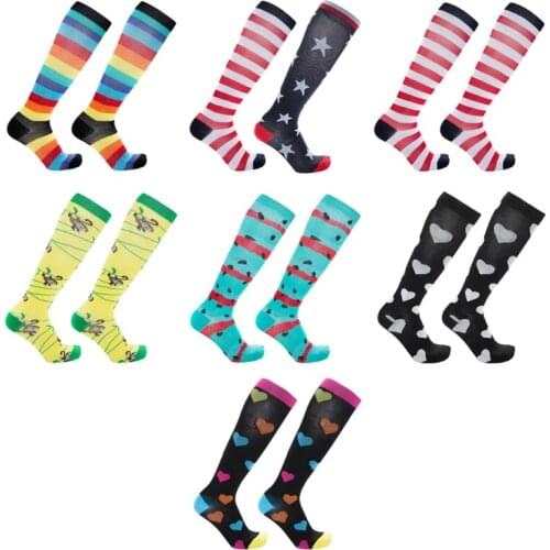 Women Men Cotton Compression Knee High Socks Colorful Striped Heart Cartoon Printed Breathable Running Cycling Sports Long