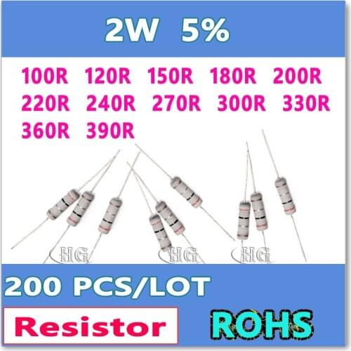 JASNPROSMA 200PCS/LOT 5% 2W 100R 120R 150R 180R 200R 220R 240R 270R 300R 330R 360R 390R carbon film DIP OHM Resistor