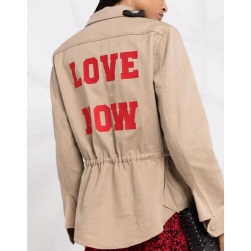 2021 Military Jacket with Shirt Collar Patch Pockets Wing Patch Long Sleeves Love NOW Letters Embroidered Drawstring Waist