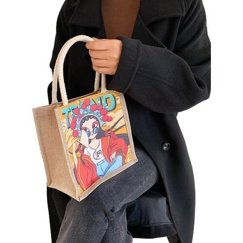 Ladies Ethnic Style Square Handbag, Girls Personalized Cartoon Animal Plant Printing Casual Shopping Bag for Household Office