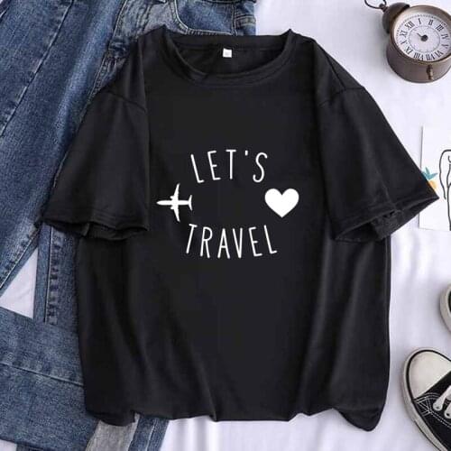 Lets Travel Airplan Funny Women Cartoon Black T Shirt Casual Kawaii Hipster Lip Tees Top Female Harajuku Girl Clothes,Drop Ship