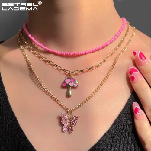 Multi layer Mushroom Heart Beads Choker Necklace For Women Boho Handmade Pink Acrylic Beaded Crystal Butterfly Necklaces Jewelry