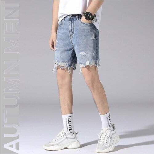 Young Light Blue Pantalon Hombre Denim Shorts Knee Length Short Straight Pants Men Ripped Jeans Homme Summer Casual Shorts Men