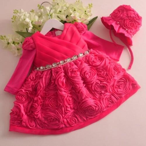 New 2016 Winter Baby Girl Dress Long Sleeve 1 year Birthday Dress Newborn Christening Gown Lace Baptism Robe With Bonnet