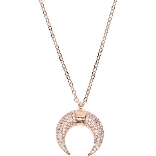 New arrive jewelry rose gold color micro pave clear cubic zirconia cz horn pendant crescent pendant new fashion necklace